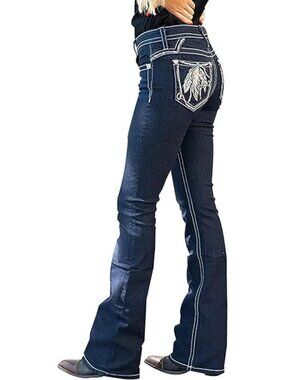 Stylish Bootcut Jeans for Women, Stretchy Mid Rise with Feather Flower